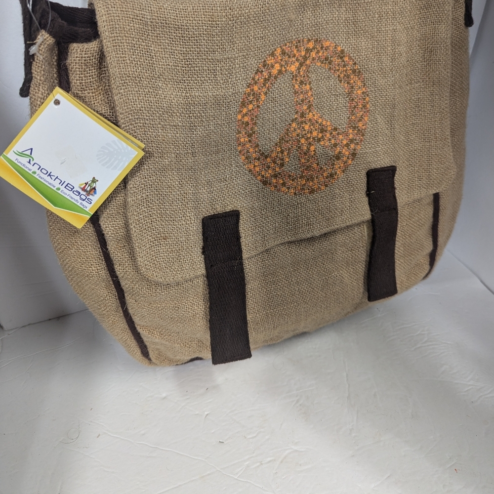 Anokhi Jute Crossbody  Padded Laptop Bag Peace Sign Eco Friendly